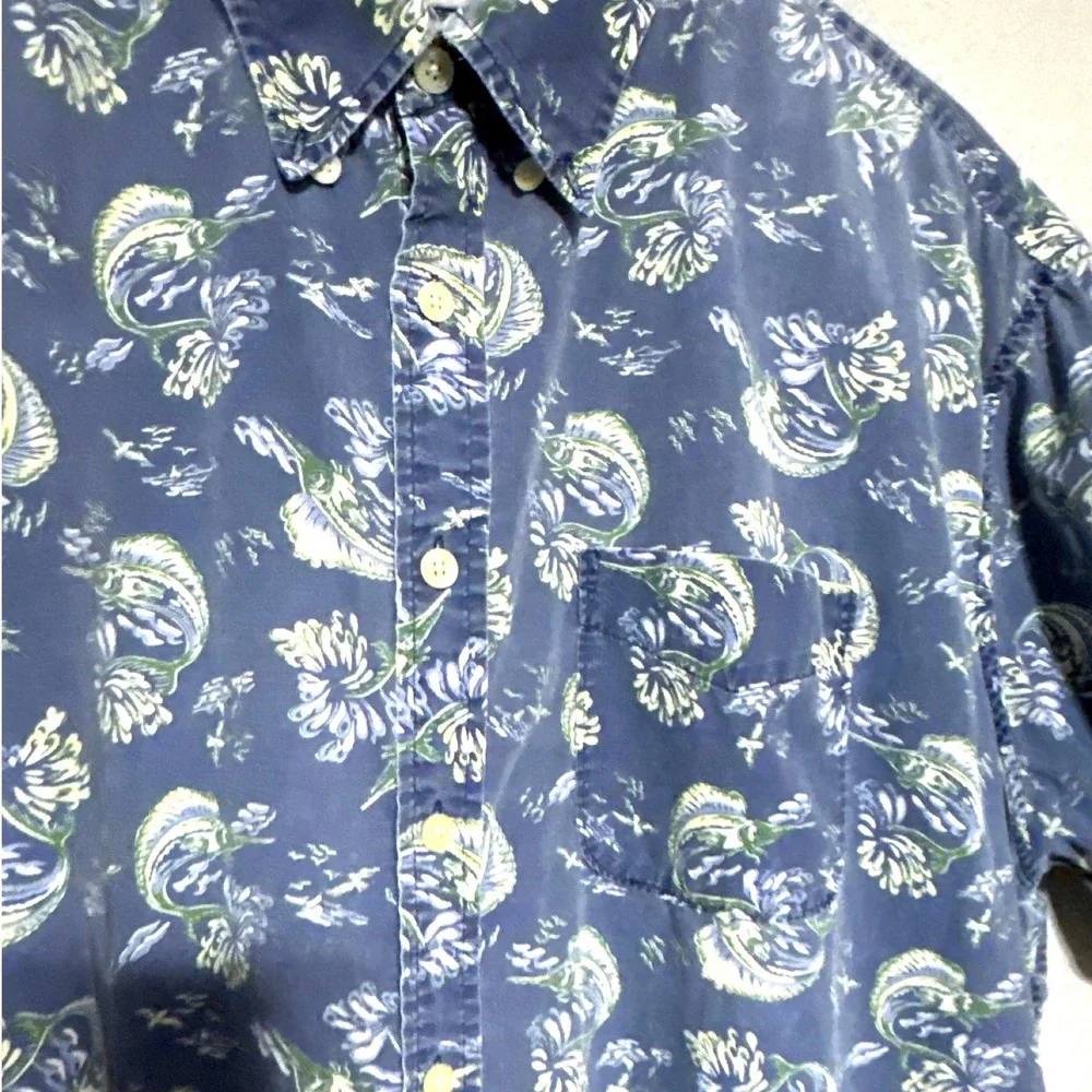 VTG J. Crew Oarsman Blue Marlin Fishing Short Sleeve‎ Camp Shirt Xl Floral Beach